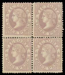 Prestige Philately - Auction No 168 Page: 86 VICTORIA (continued) Lot 610 610 * A C1 1863-81 Laureates Emergency Printings 3d lilac on Wmk '8' Paper SG 118 block of 4, minor perf reinforcing,