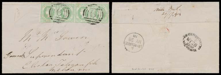 Prestige Philately - Auction No 168 Page: 89 VICTORIA - Special Studies (continued) Lot 803 803 C B THE ELECTRIC TELEGRAPH: 1856 similarly addressed outer with Emblems Imperf