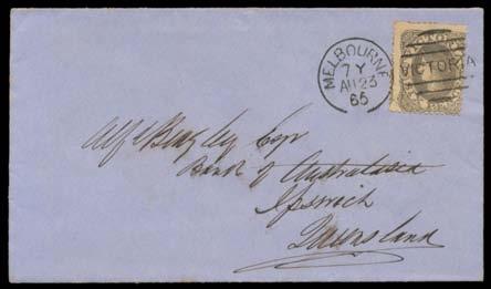Prestige Philately - Auction No 168 Page: 91 VICTORIA - Postal History (continued) 841 C A Lot 841 1865 cover to Queensland with fine 'SHIP LETTER/QUEENSLAND' transit & Ipswich arrival b/s.