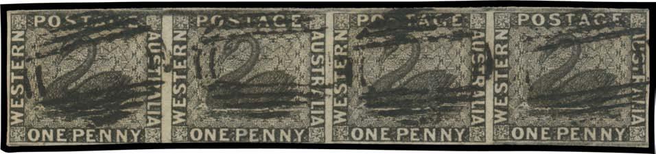 750 865 G A Lot 865 1854 "Penny Black" Imperf 1d black SG 1 horizontal pair, margins just clear to good, void grid cancels, Cat