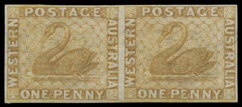 Prestige Philately - Auction No 168 Page: 99 WESTERN AUSTRALIA (continued) 888 P A Lot 888 1864-79 Recess by De La Rue from Perkins Bacon Plates 1d imperforate plate proof pair in bistre on gummed