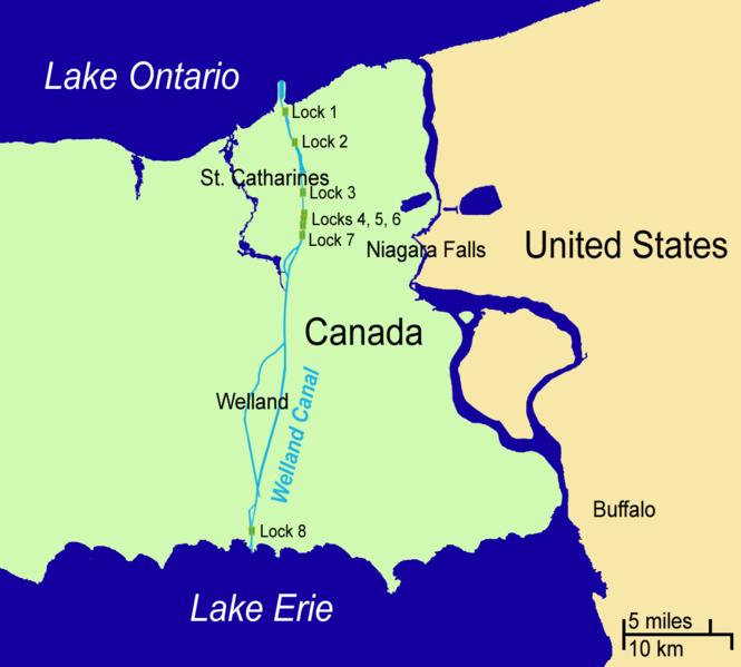 8 locks between Port Weller on Lake Ontario, and Port Colborne on Lake Erie.