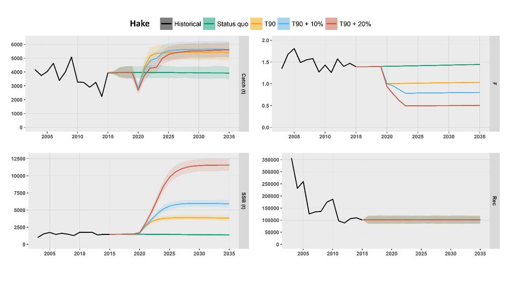 years and scenario 5: selectivity change plus 20% annual reduction during 4 years Figure 11: Results of the bioeconomic model of catch (tn), fishing mortality (FF 11 33 ), SSB (tn) and constant