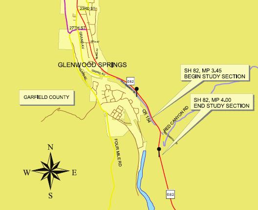 SITE LOCATION AND CONDITIONS This study addresses SH 82 in Garfield County in the southern portion of the City of Glenwood Springs, beginning at MP 3.45 and continuing southeasterly to MP 4.