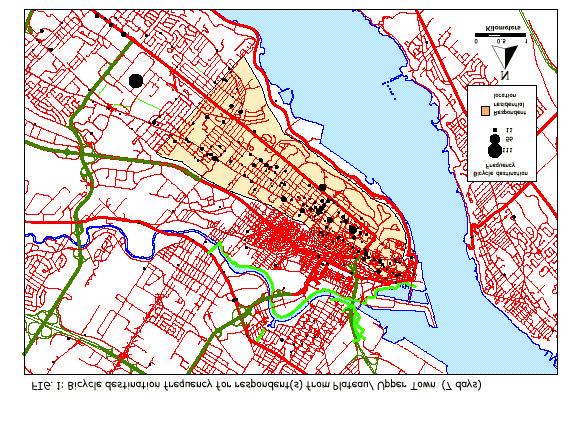 5.3 Cyclist route choices A first, simple spatial analysis of destination frequency gives us a hint about the effect of topography on bicycle use.