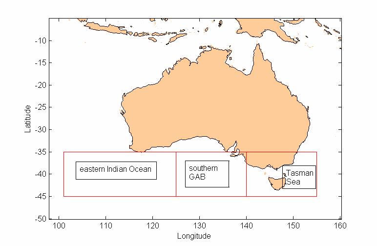 Figure 6: Map indicating the regions considered in the analysis of potential change in SST.