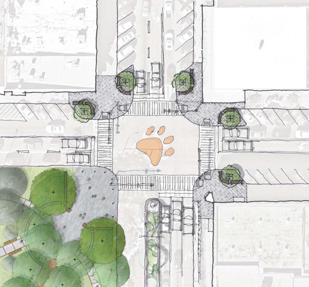 Option A 1. Opened corners with minimal vertical elements 4 2 1 2. Addition of shaded seating areas new trees pulled back from intersection corners 3.