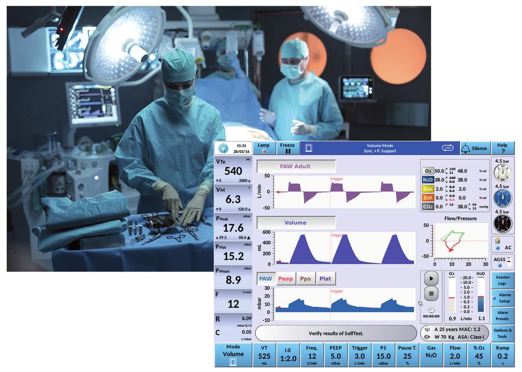 workstation focused on you Design and ergonomics Complete and intuitive interface with settings, ventilation monitoring, anaesthetic gases monitoring, graphics, trends, AGSS performance, alarms with