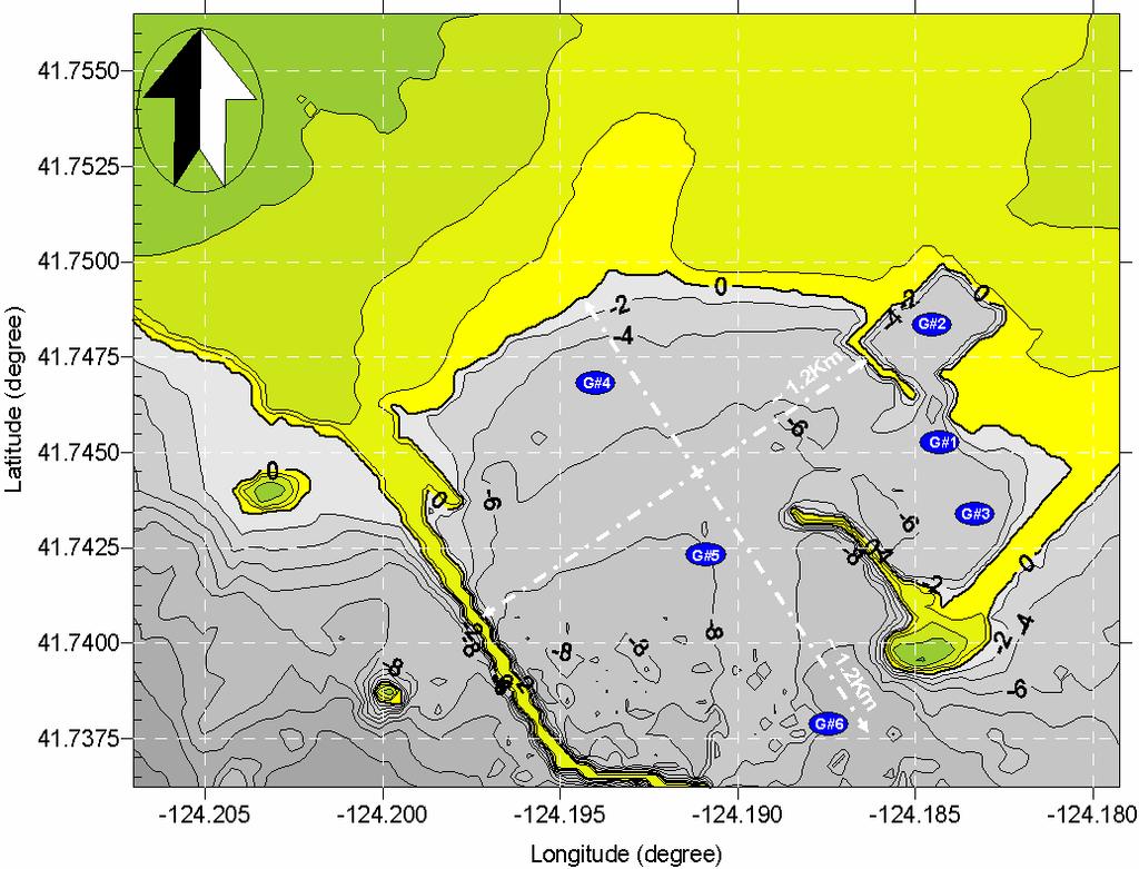 Figure 2. Crescent City harbor bathymetry and location of numerical gauges. Isobaths have units of meters.