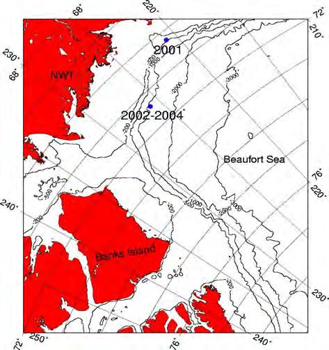 The location of the mooring has varied due to ice conditions, but it has been continuously placed to monitor the flow of AW around the southeast slope of the Canada Basin.