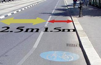 Minimize the width of the road The minimum size of car lanes is 2.75 meters, for bike lanes it is 1.50 meters (one way) and 2.50 meters (both ways), and for pedestrian lanes it is 1.80 meters.