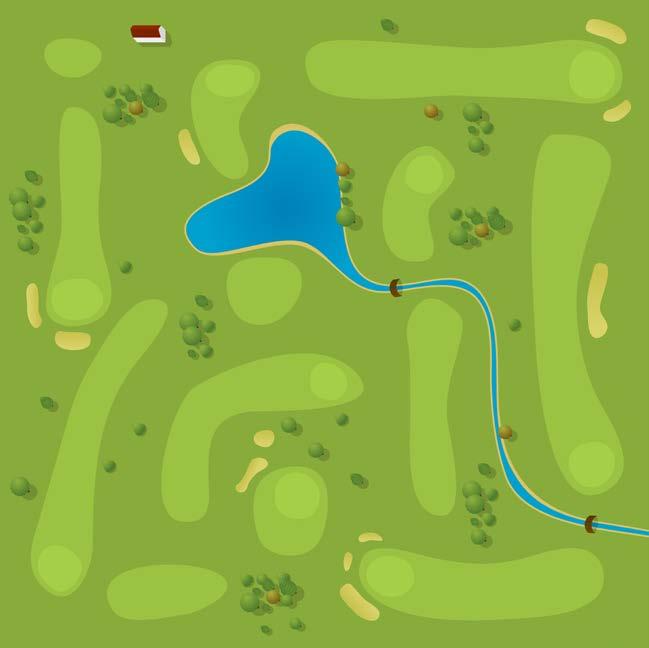 Golfers use different kinds of clubs for different kinds of shots. Each hole of a golf course has a starting place at one end. The green with the small hole is at the other end.
