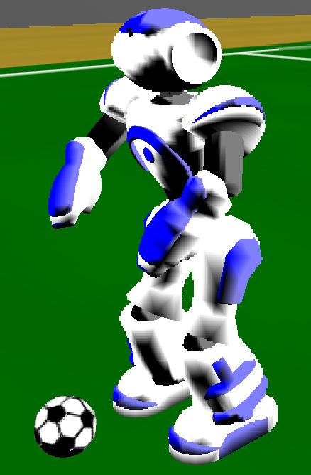 Figure 1: A screenshot of the Nao humanoid robot (left), and a view of the soccer field during a 9 versus 9 game (right). receiving perceptual information.