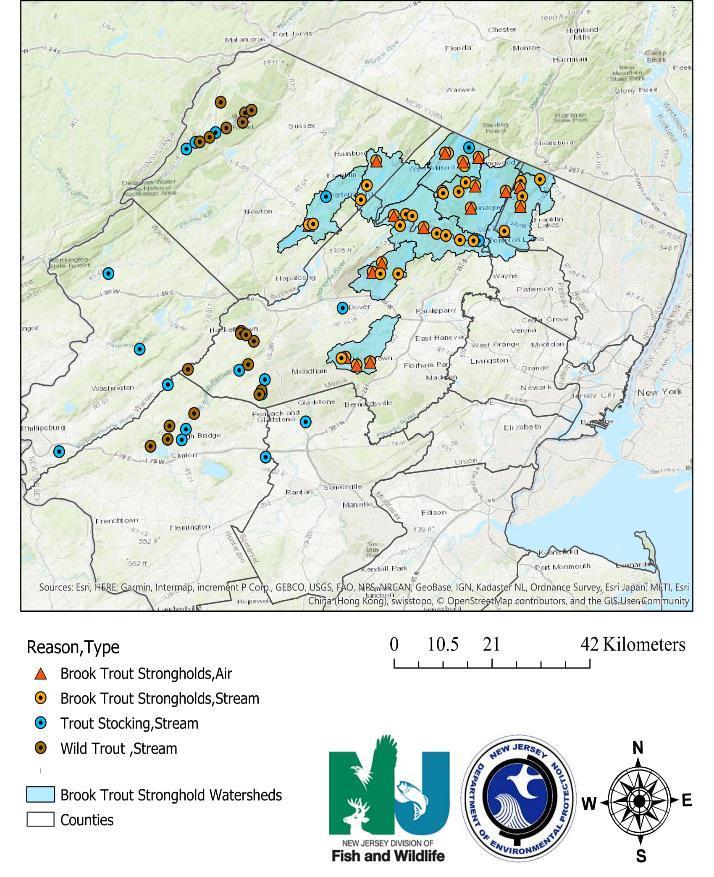The sites monitored in 2018 are displayed in the map below, followed by additional details on each study. Map of all NJDFW temperature monitoring sites in New Jersey.