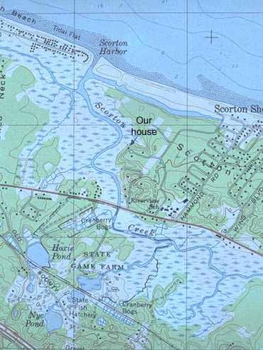 11 On this segment of the USGS topographical map of the Sandwich quadrangle, we can see the entrance to Scorton Harbor from Cape Cod Bay, the east branch of Scorton Creek behind the barrier beach,