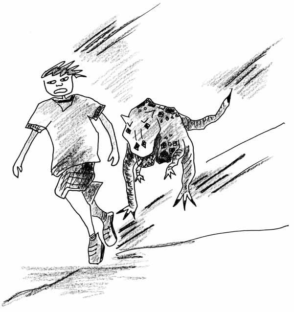 I started running like mad. I knew the T-Rex was a meat eater and that he would love to eat me for his dinner.