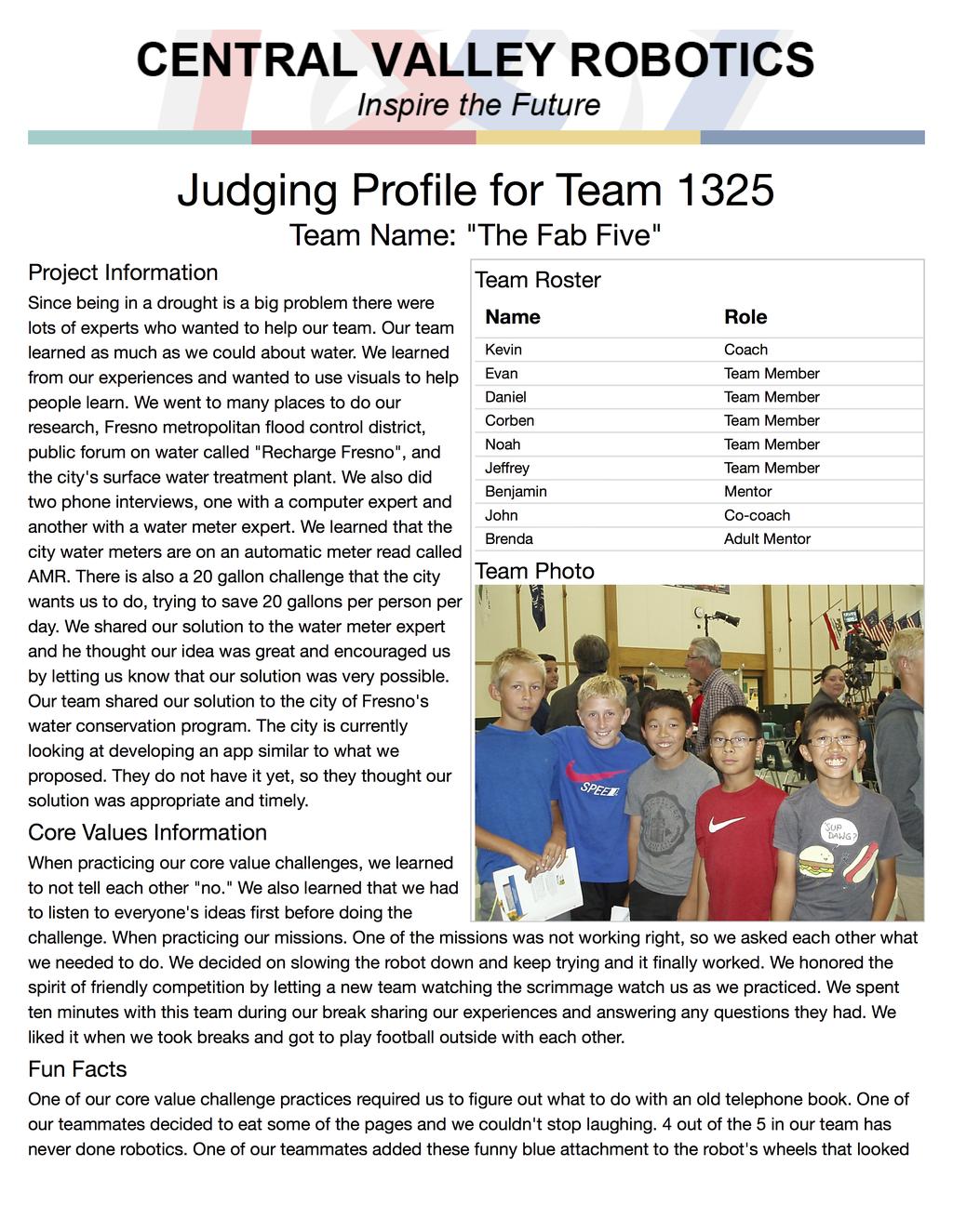 Example Profile Judging Profile for Team 1325 the Fab Five, from