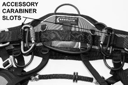 Heavy equipment such as chainsaws should be attached to these accessory carabiners which are supported by load bearing webbing (Figure. 9a & 9b).