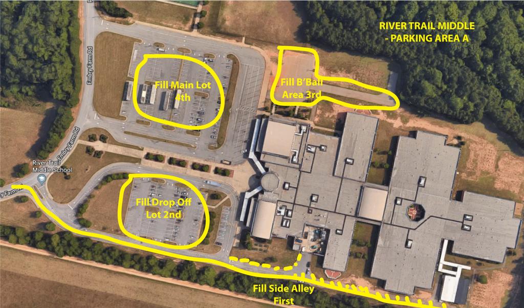 Parking Area A: - River Trail Middle School We will fill up the side alley to the right of the middle school first.
