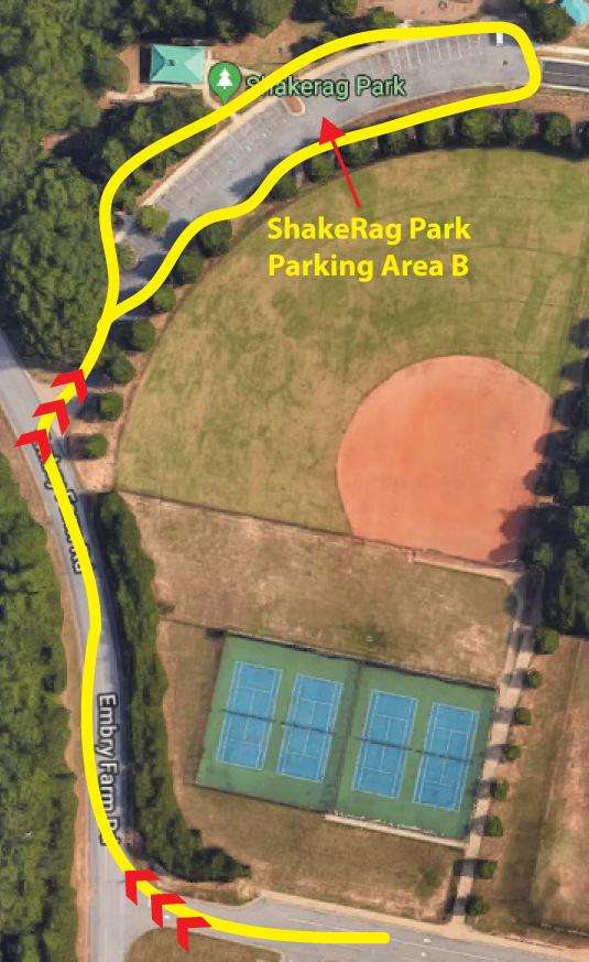When there are no more spots in these lots we move to Parking Area B: Parking Area B: - Shake Rag Park SHAKE RAG PARK - located between River Trail and Shakerag schools This is a