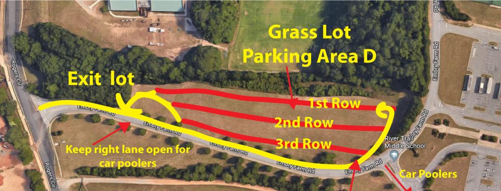 lot- close to River Trail Middle School The cars will then park against the far woods working their way down towards Embry Farms Rd The parking team will create 3 full parking rows for people to park.