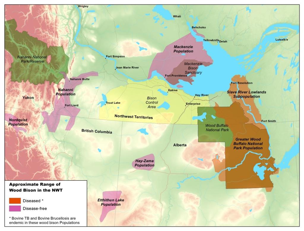 Figure 2. Distribution of wood bison in the NWT. Bovine TB and brucellosis occur in bison in the Slave River Lowlands WBNP area.