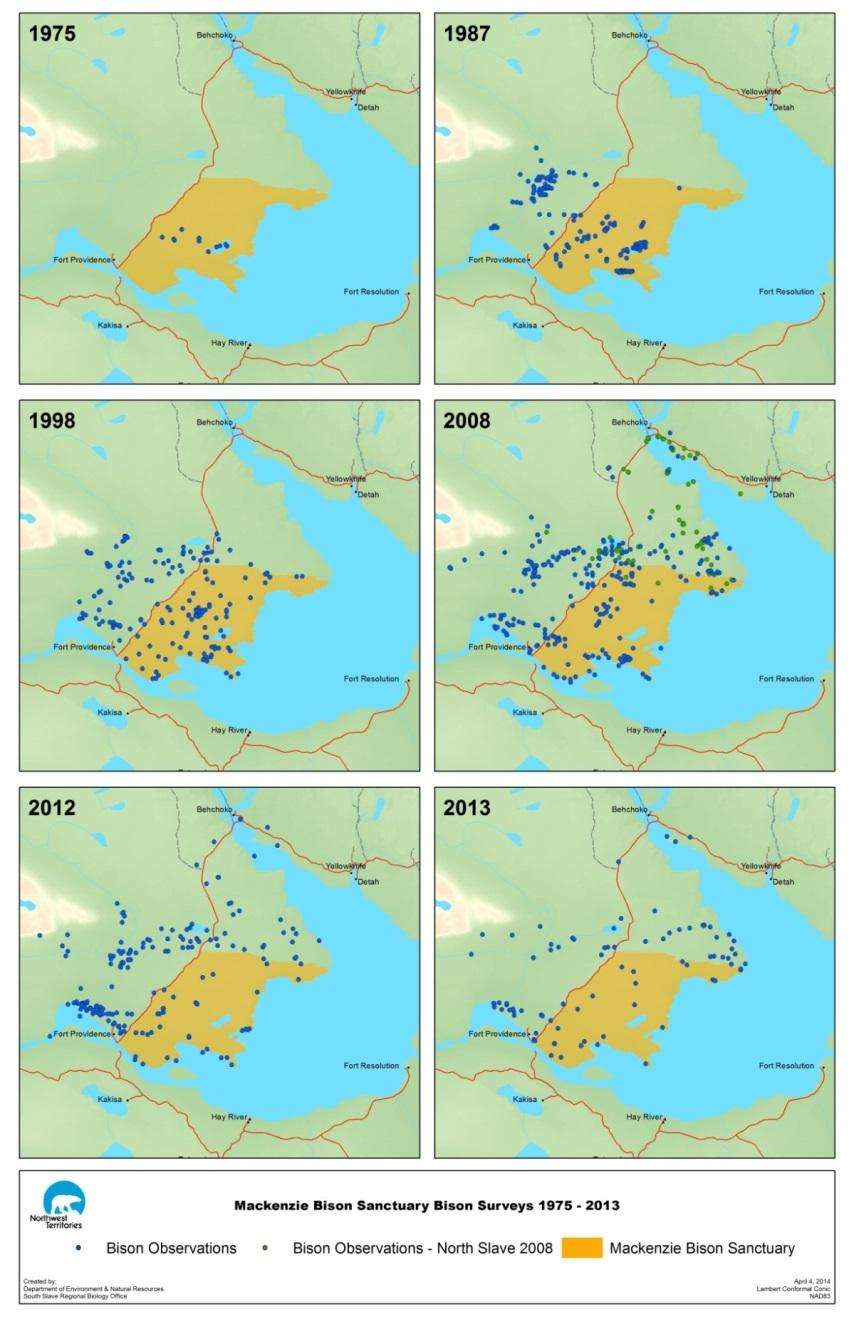 Figure 4. Mackenzie wood bison population distribution as observed during late winter surveys, 1975 2013.