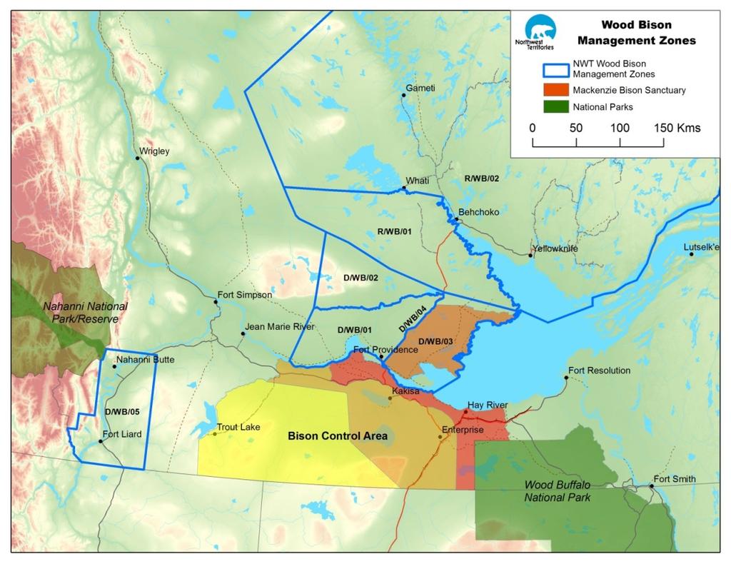 Figure 5. Wood bison management areas in the NWT. Until 2010, all harvest of Mackenzie bison was regulated by a quota system that provided 47 tags.