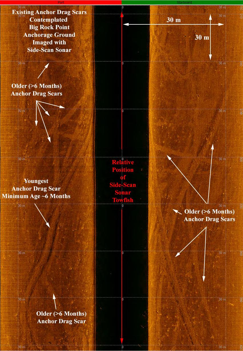 Figure 5. Anchor drag scars in contemplated Big Rock Point Anchorage Ground.