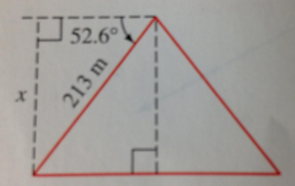Exercise 5. A man climbs 213 meters up the side of a pyramid and finds that the angle of depression to his starting points is 52.6. How high off the ground is he? 2.4.40.jpg 2.bb Definition 2.