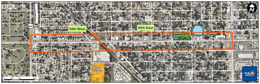 CONCEPT SPOTLIGHT CORRIDOR CHARACTERISTICS & CHALLENGES: 54th Avenue North is a four-lane minor arterial Pinellas County roadway divided by the CSX railroad track into two segments: West and East.