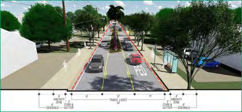 Scenario 2 depicts a lane reapportionment in which one travel lane is eliminated to provide two-way leftturn lanes, increase the pedestrian realm, add landscaped medians,