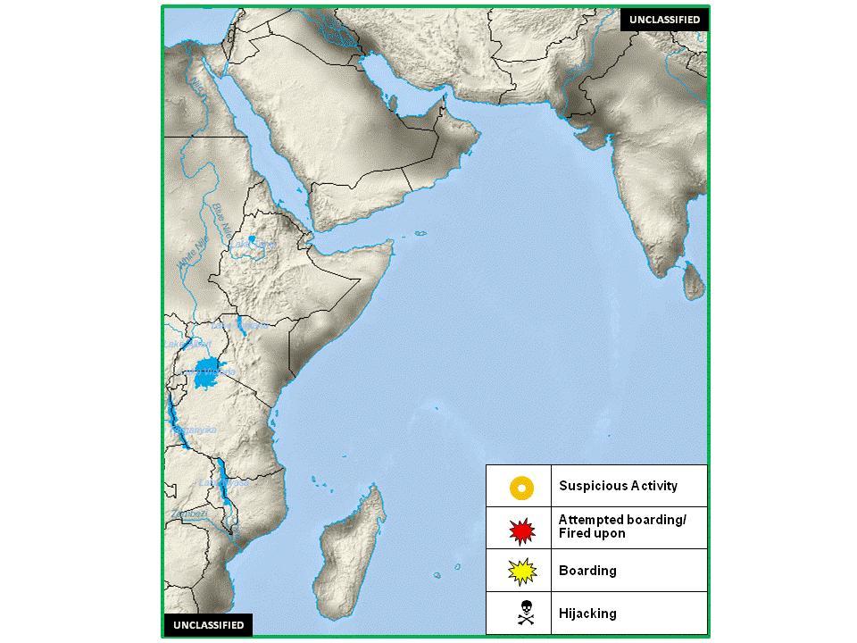 B. (U) Incident Disposition (U) Figure 1. HoA Maritime Crime Activity, 12 18 September 2013 (U) Figure 1 is a visual depiction of the incidents detailed in above summary of events. C. (U) Tabulated Data for Horn of Africa Activity This Last Sept.