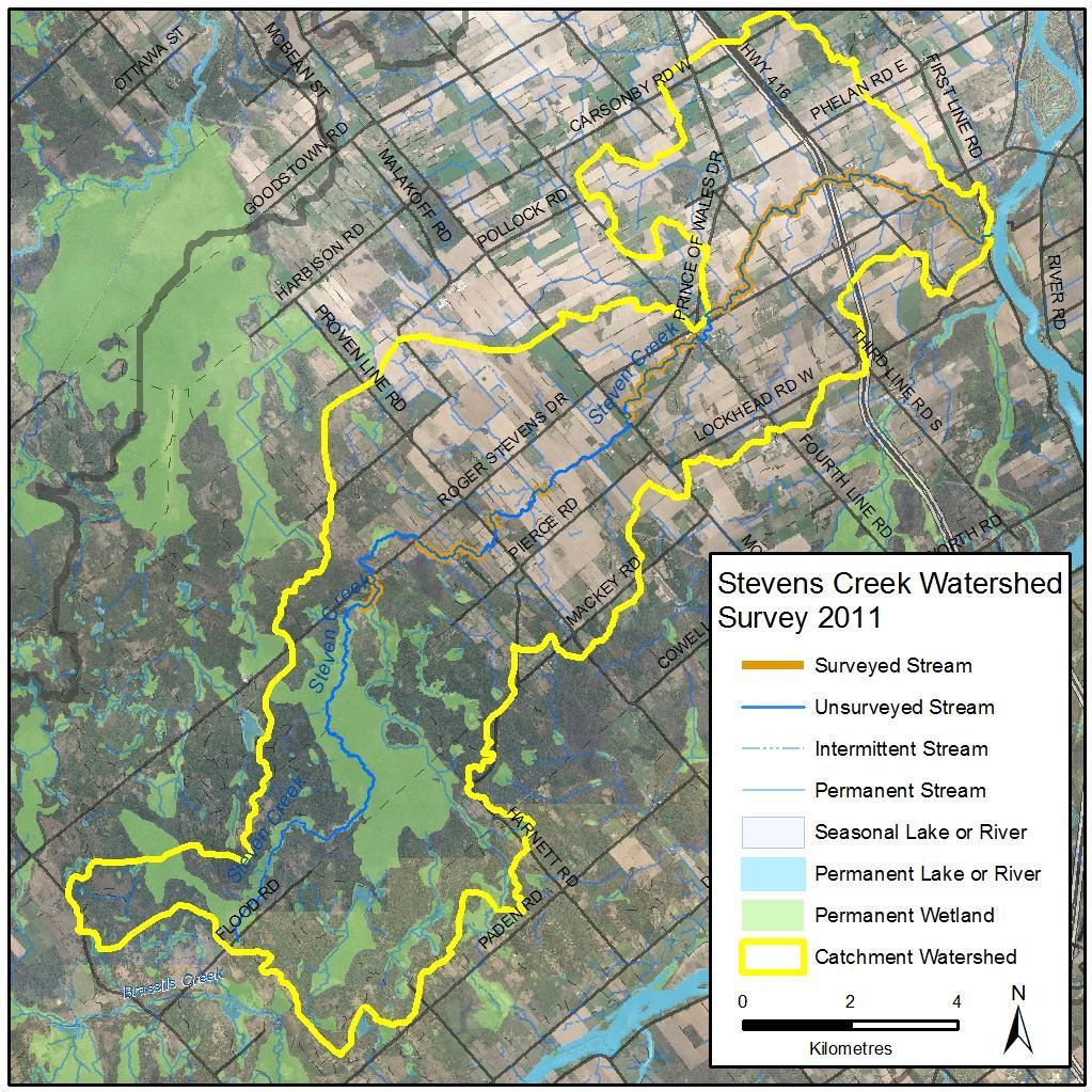 The Stevens Creek subwatershed drains approximately 100 square kilometres of land. Stevens Creek is 33 kilometres in length and begins in the Marlborough Forest.
