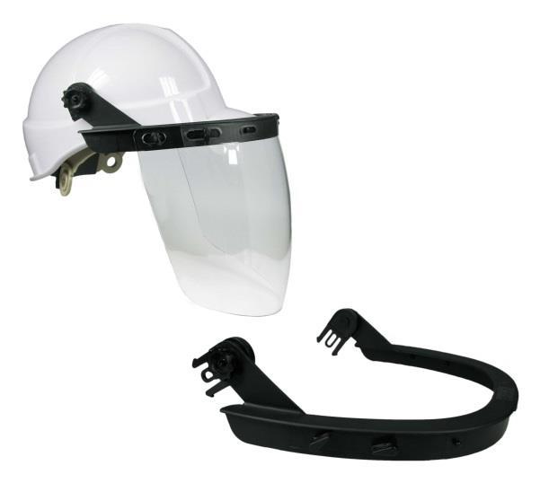 Weldsafe safety helmet with face shield complete Face shield holder for mounting on Weldsafe safety helmet.