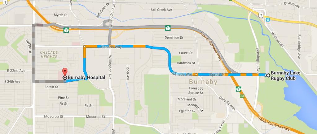 Hospital Burnaby Hospital Address: 3935 Kincaid St, Burnaby, BC V5G 2X6 Contact: (605) 434-4211 Distance: 4.7 kilometers (approximately 10 minute drive) Directions: 1) Head north on Sperling Ave.