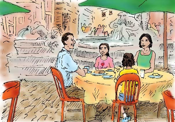 After exploring more of Rome s historic streets, the family stops in the Piazza (pea- AH-tsa) Navona for lunch. Shops and cafes line the outside of its oval shape.