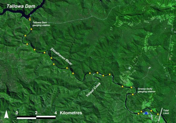Shoalhaven River freshwater section F 21 major riffles from dam to tidal limit distance 25 km F Riffles vary from 20-300 m length, separated by pools about