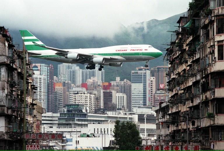 Landing aircraft to old Kai Tak Airport Hong Kong