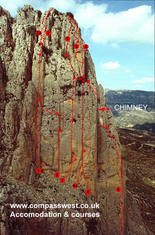 5. 50m. 5c. (6a+).*** A superb pitch. Climb the blunt arête and follow the line on the arête to the first staple (a few small wires needed).