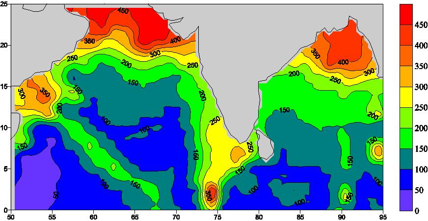 338 Spatial distribution of Sound channel and its Parameters in North Indian Ocean Fig. 3 Spatial distribution of conjugate depth over North Indian Ocean. Fig. 4 Spatial distribution of SOFAR channel depth over North Indian Ocean.