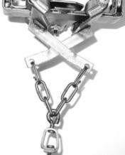Chain attachment used in trap testing; 11 inch chain mounted at either end of compound levers on trap base, two swivels, and anchored with a stake.