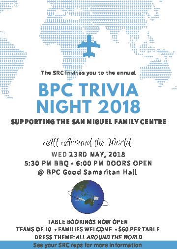 The Annual SRC Trivia Night is fast approaching so get in quick to secure your table and to purchase raffle tickets! All students, parents and families are invited so lock in the date.