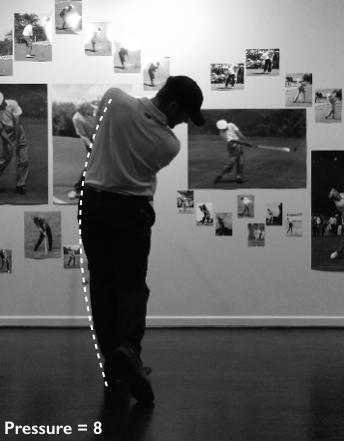 Movement 8 Full Motion Setup Through Impact Down-The-Line Pressure = to a 8 As student performs movement: Is the body being used to help draw the hands and arms overhead as the club shaft becomes