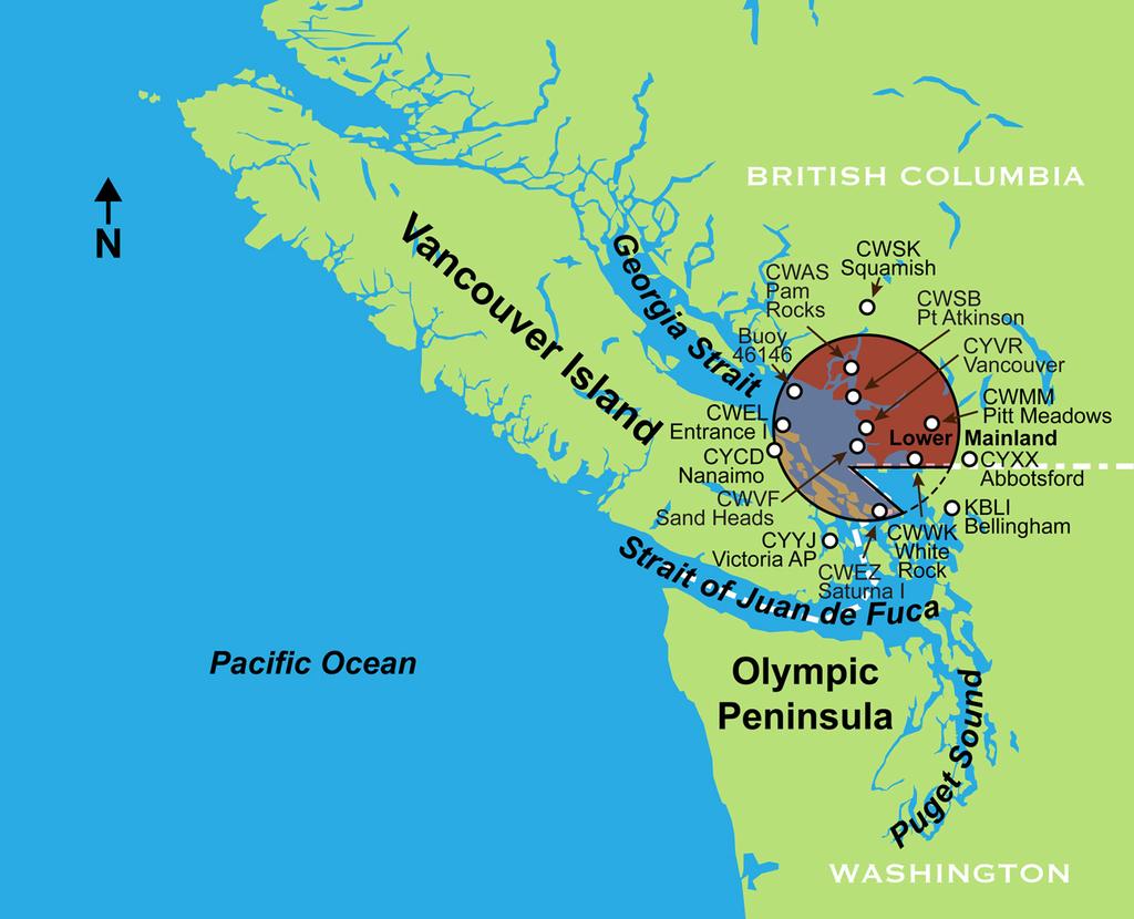 Methods Study Region 50 km radius of CYVR (dark red) Excludes Vancouver