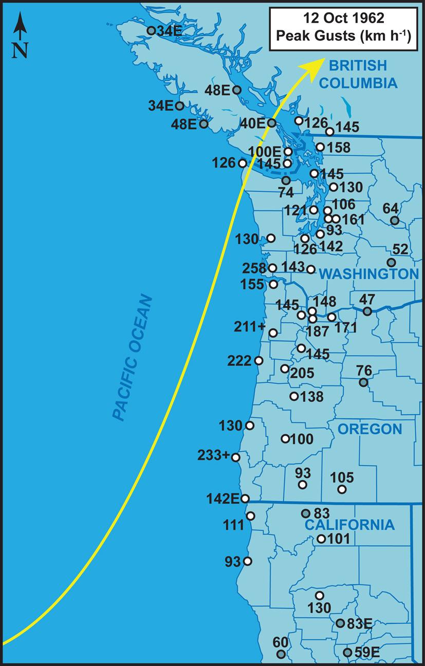 Southwest BC Windstorms The 1962 Columbus Day Storm (AKA Typhoon Freda) The most destructive windstorm on record for the region Peak gusts include: 126 km h -1 at Vancouver 145 km h -1 at