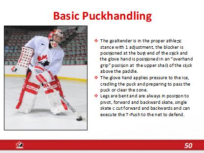 reaches inside hash mark heels should be touching the outside crease, toes pointing towards the player Stand your ground as you re-enter crease If player shoots, react with proper save selection
