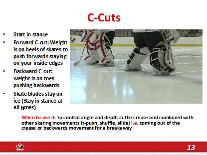 This allows goalie to steer on ice shots away to corners. Ask for and respond to questions of clarification about the grip Large group task: Skating movement/ C Cuts- 10 RM- p. 5 1.