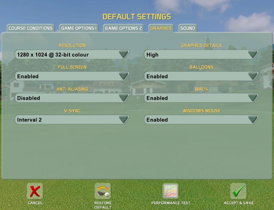 1. Game setup Change game setup, define default settings and options of the game in 5 tabs: Course Conditions Game Options 1 Game Options 2