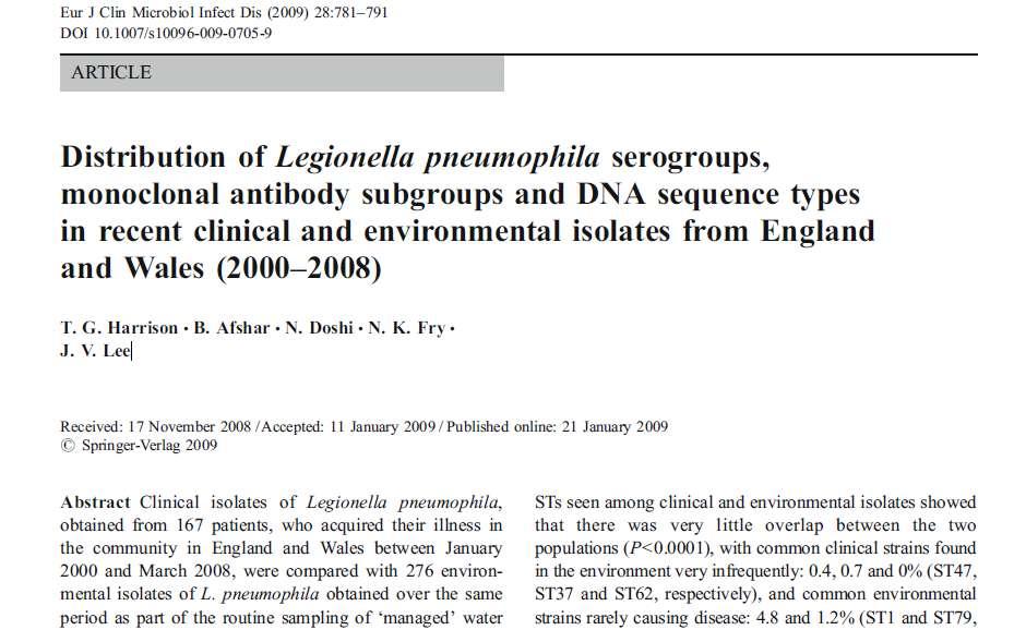 L. pneumophila serogroup 1, Mab 3/1 +ve (Pontiac) - causes 92% of all culture +ve cases of LD, but represents just 8% of